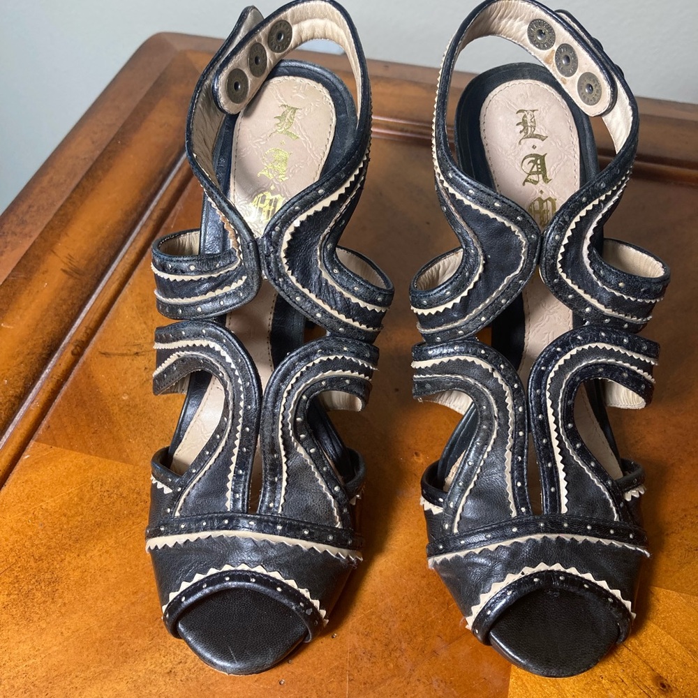 L.A.M.B. Black and Cream Strappy Heels 6